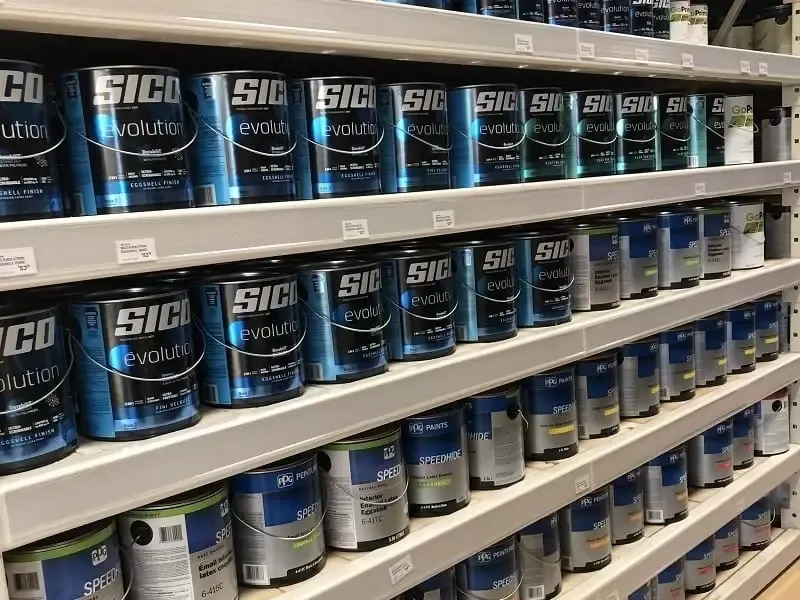 Shelves at Great Lakes Rona stocked with SICO Evolution interior paint and PPG Speedhide professional latex coatings.