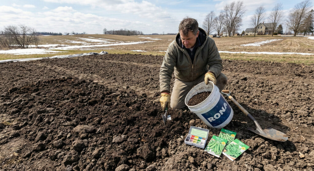 A gardener kneeling in a large rural vegetable bed during early spring, amending dark soil using compost from a white RONA branded bucket. A soil test kit, a spade, and packets of pea and spinach seeds are on the ground beside him, with patches of snow visible in the background fields.