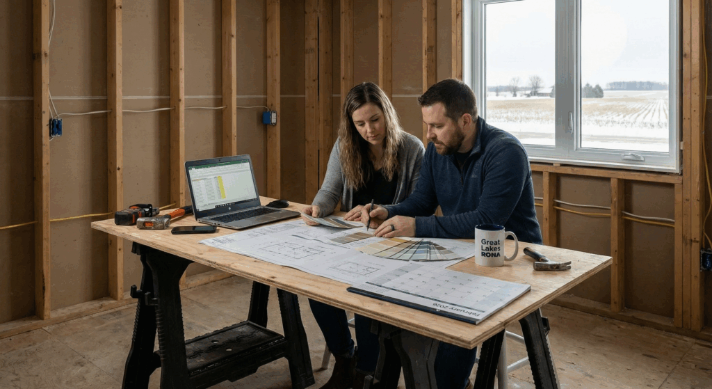 A couple sits at a makeshift plywood desk in a room with exposed wooden studs, reviewing blueprints and paint swatches together. A laptop and a white mug with the "Great Lakes Rona" logo sit on the table, with a snowy rural landscape visible through the window.
