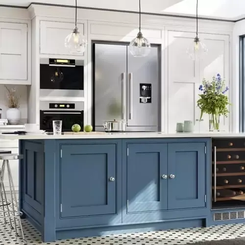 Modern Kitchen design featuring a blue cabinet, tile floors, and white walls.