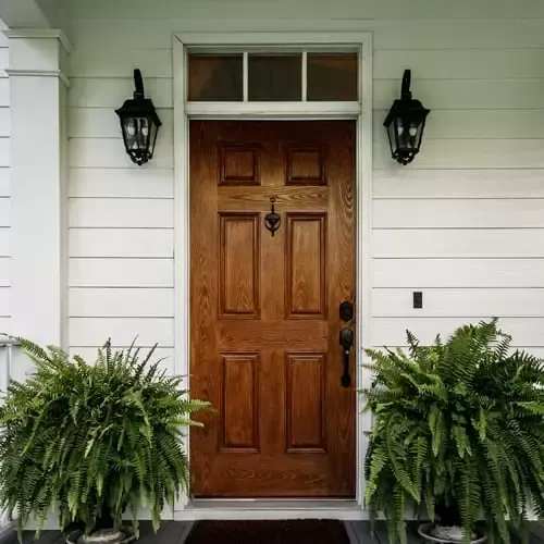 Exterior shot the a houses front doorm with plants on both sides.
